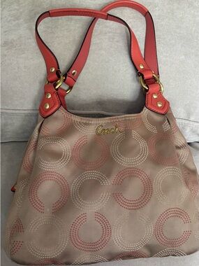 Coach Taupe Canvas Shoulder Bag with Coral Leather Straps